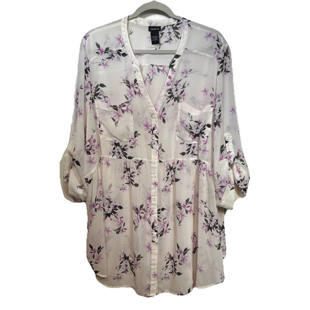 Torrid Long‎ Sheer Button Down Floral Blouse White Purple Black Size 4 EUC